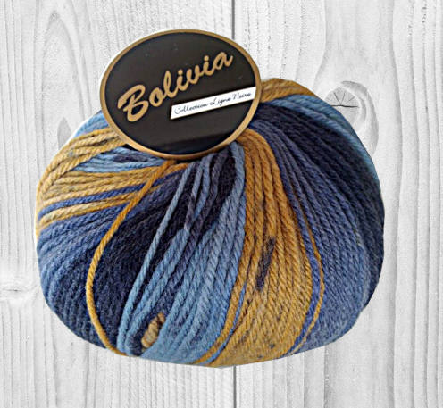 Pelote de laine Bolivia  bleu foncé, moutarde, bleu, Odrey créa et ses petites pelotes
